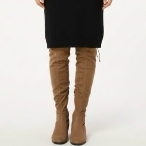A.N.A. Pixie Boots Over the Knee Faux Suede Low Heel Tan 9 Chic Trendy Date Glam